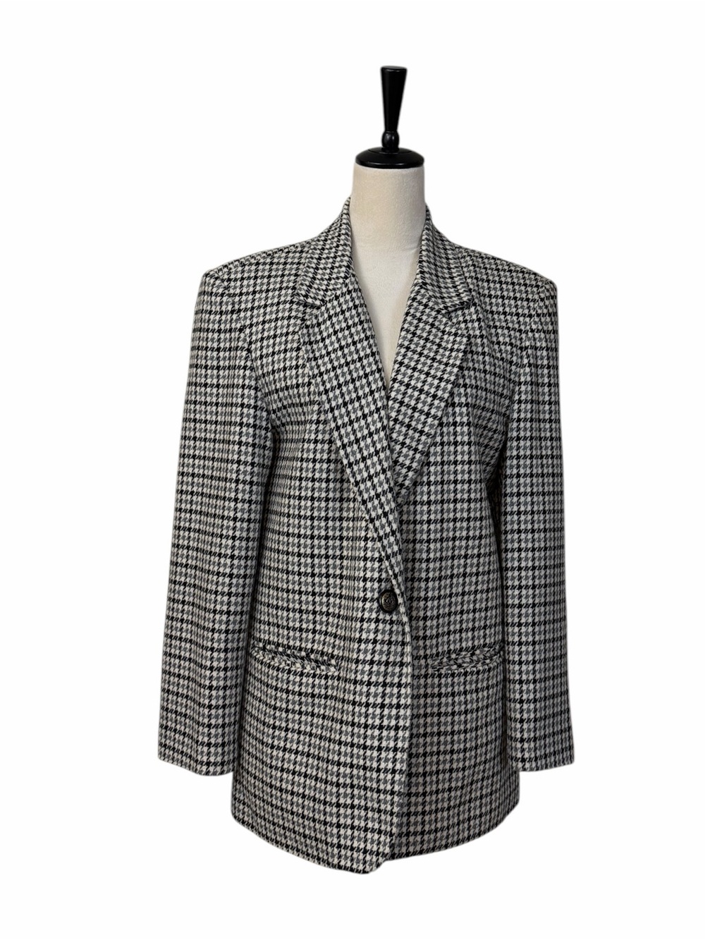 Sage Harbor Vintage 90s Wool Houndstooth Blazer 10 Oversized Black Gray Check